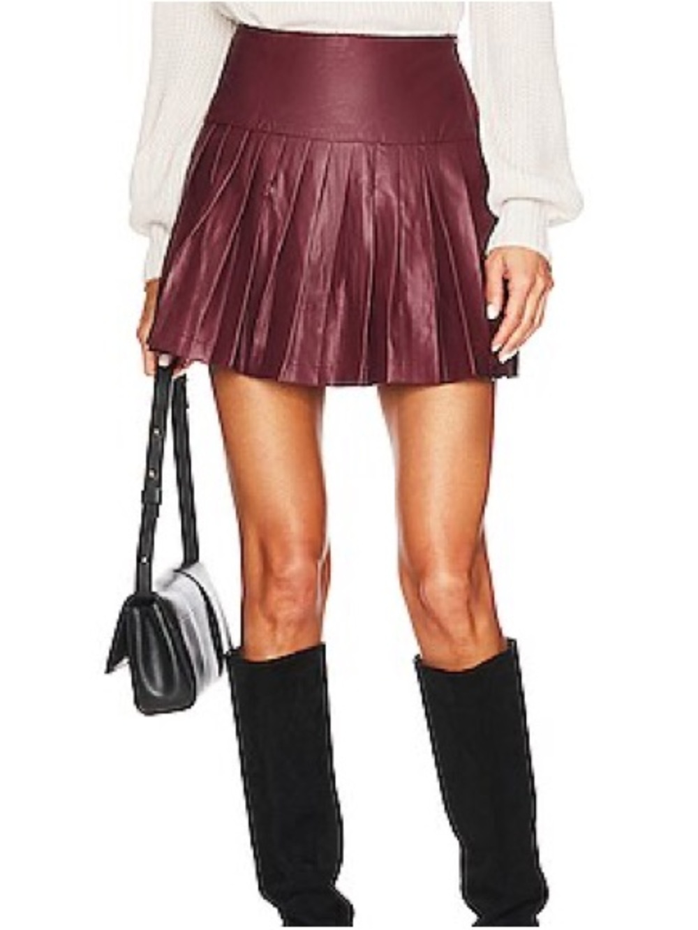 Bardot Pleated Faux Leather Mini Skirt in Wine